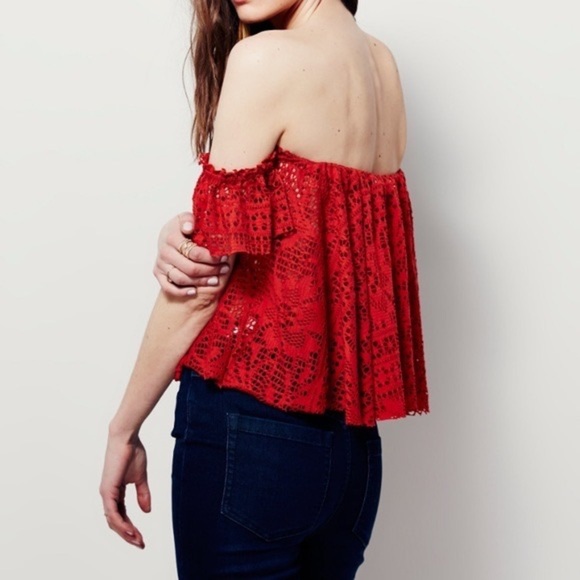 Free People Eyelet off shoulder crop peasant top in rust - Picture 2 of 15